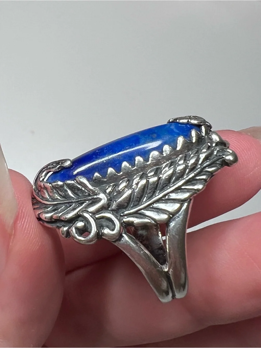 925 Sterling Silver Blue Marquise Lapis Ring Leaf Design Signed Sz 6.5-7?